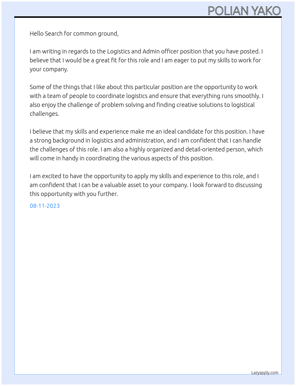Logistics and Admin officer At Search for common ground  Cover Letter