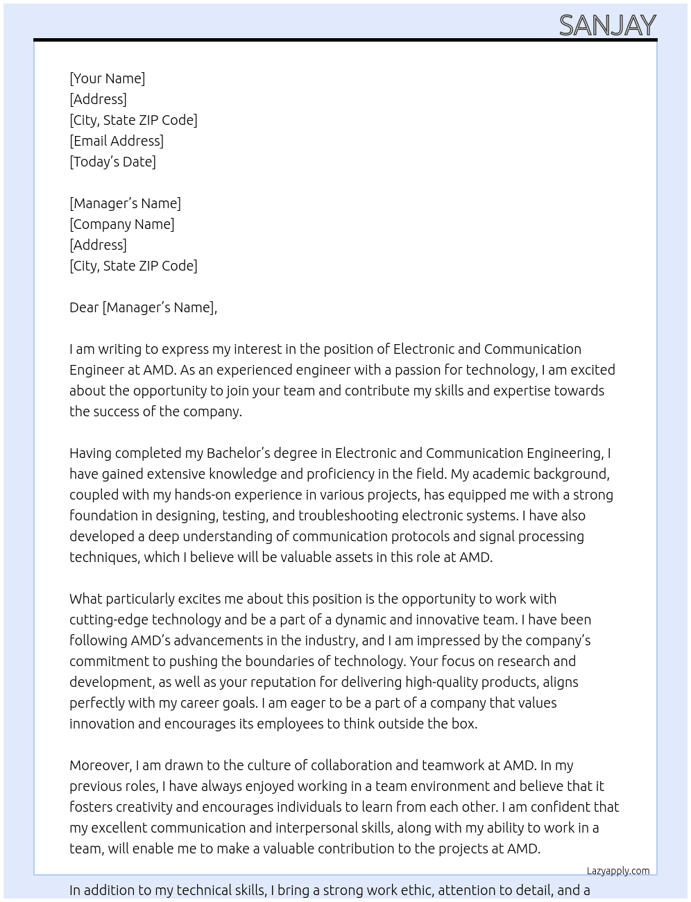 electronic and communication engineer At amd Cover Letter
