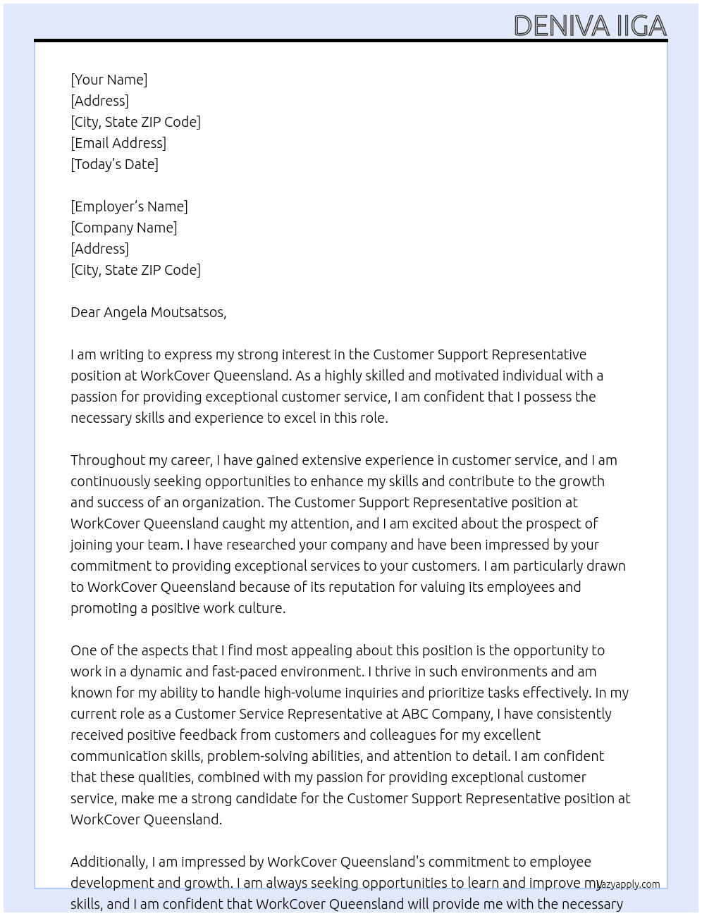 Customer Support Representative At WorkCover Queensland Cover Letter