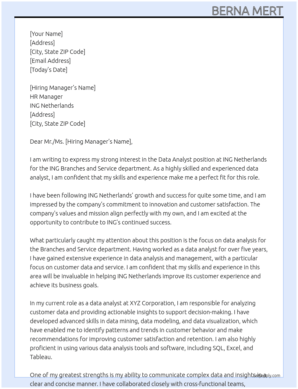 Data Analyst – ING Branches and Service At ING Netherlands Cover Letter