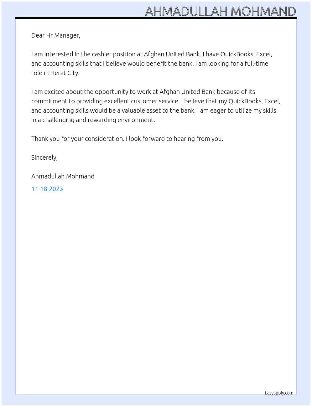 Cashier At Afghan United Bank Cover Letter
