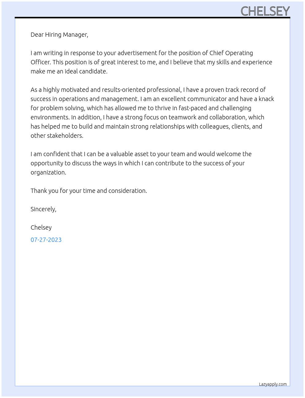 Chief Operating Officer  At BLANK Cover Letter