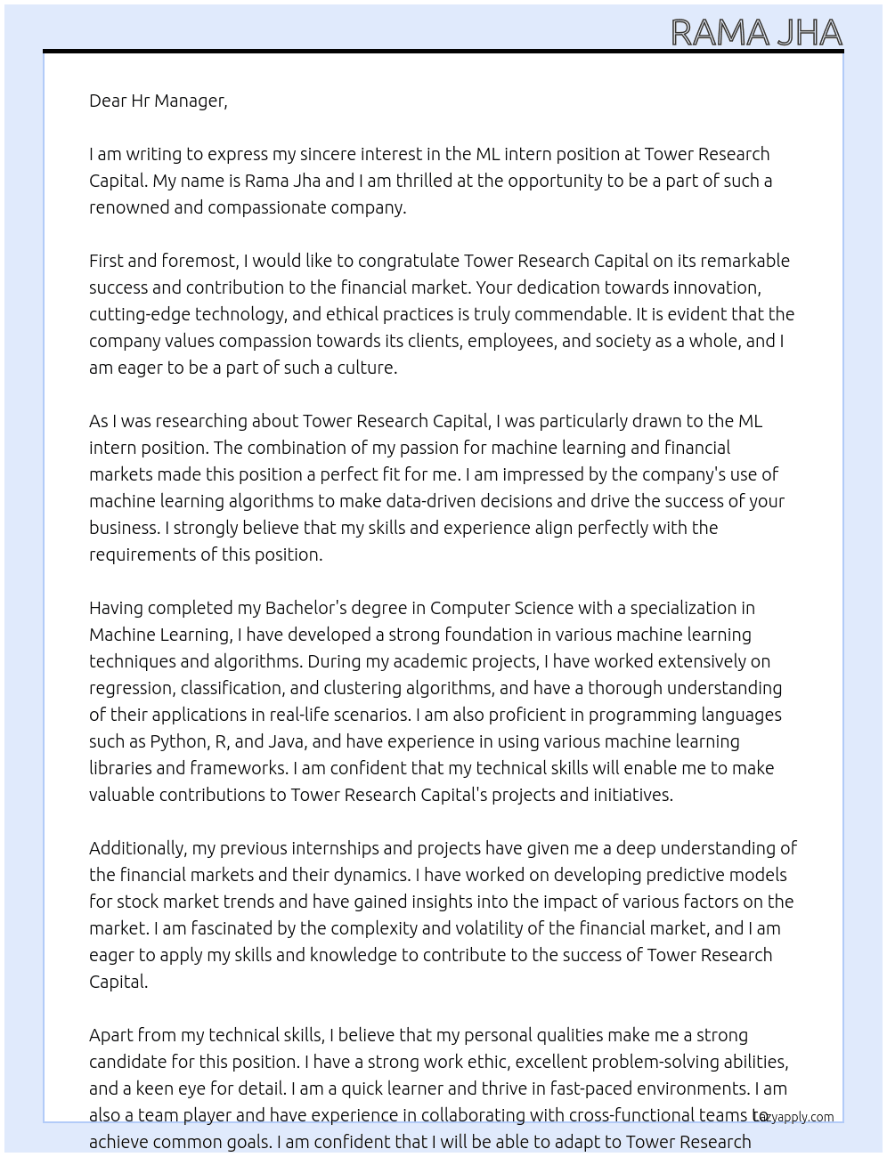 ML intern At Tower Research Capital Cover Letter