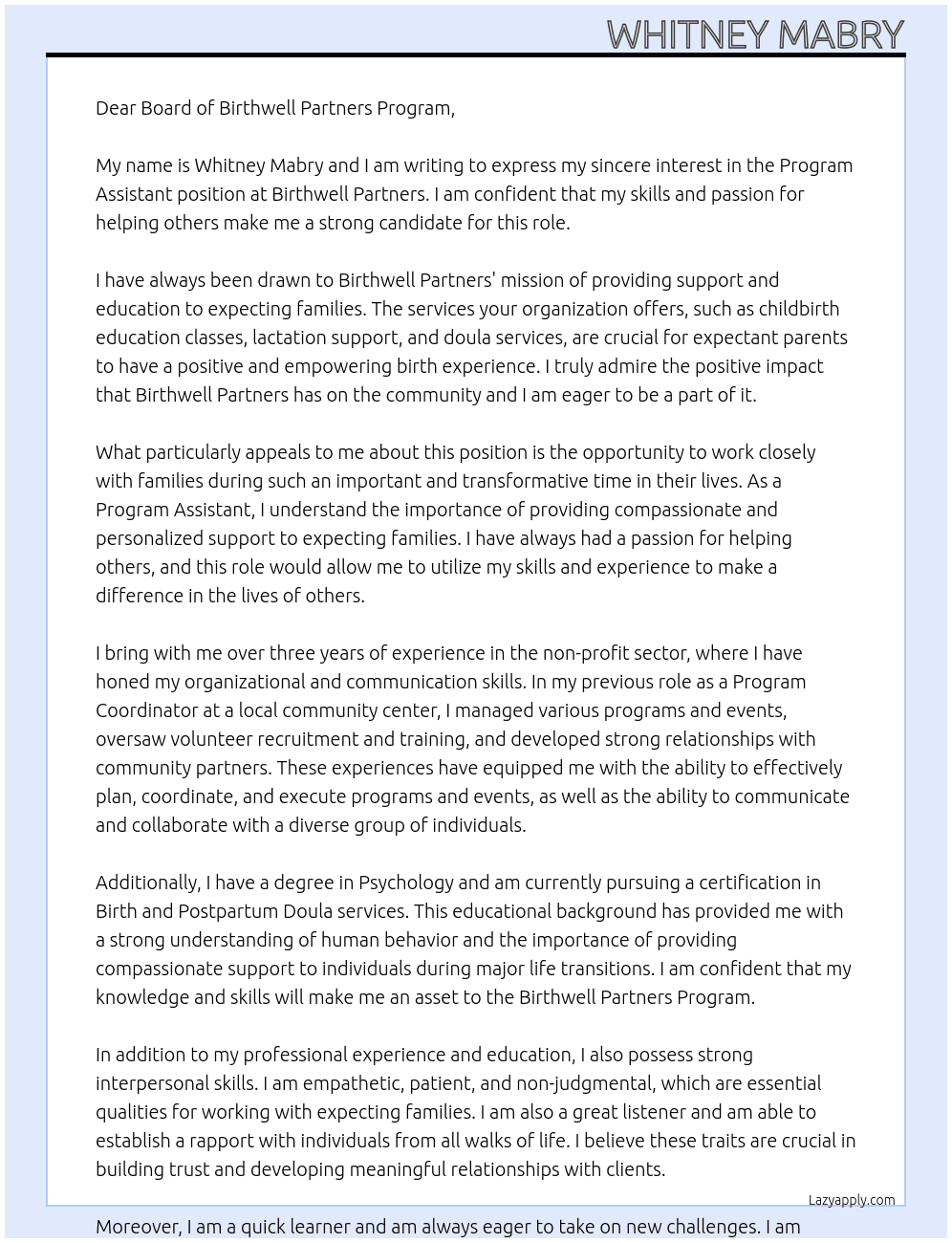 Program Assistant  At Birthwell Partners  Cover Letter
