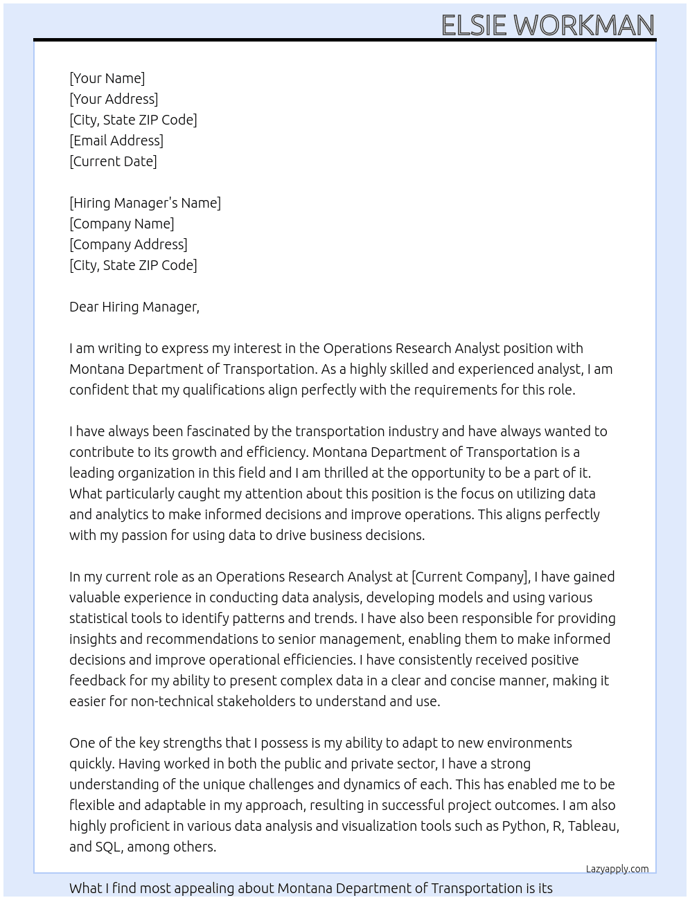 Cover letter for operations research analyst - LazyApply