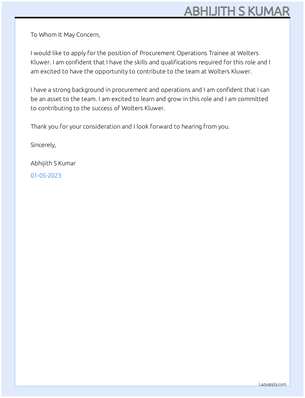 Cover letter for procurement operations trainee - LazyApply