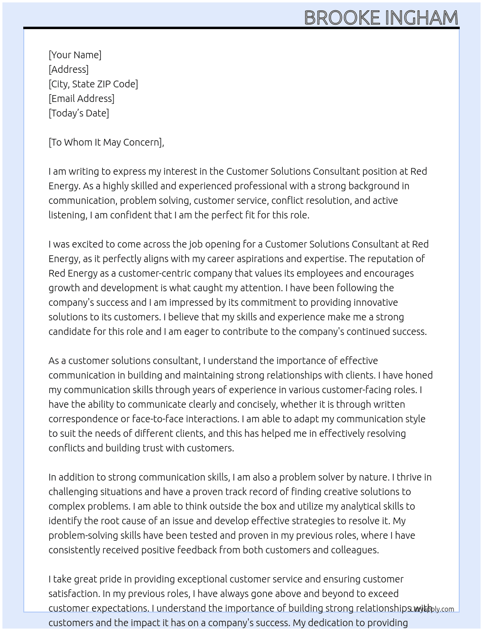 Customer solutions consultant At Red energy Cover Letter