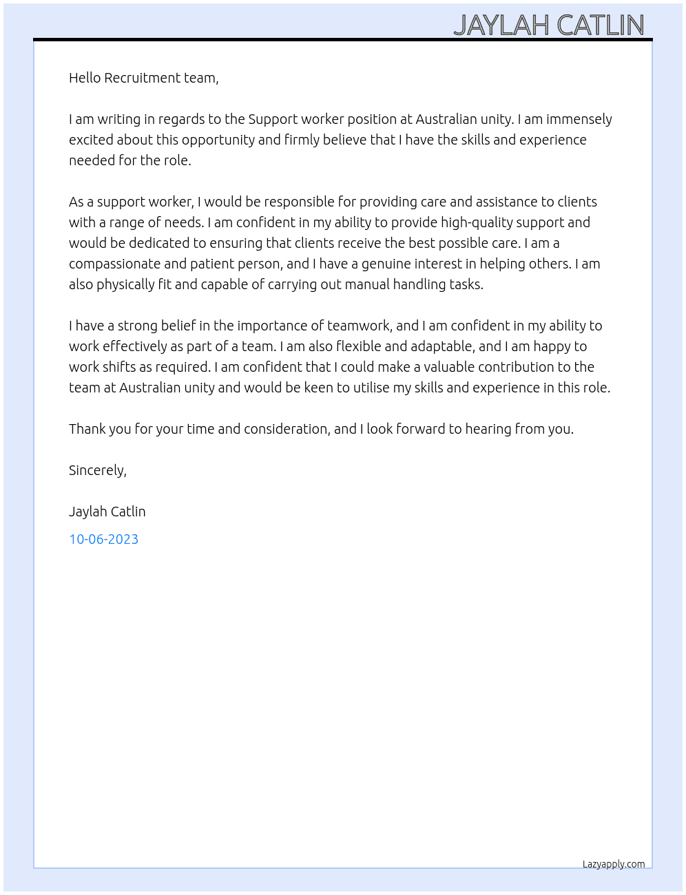 Support worker  At Australian unity  Cover Letter
