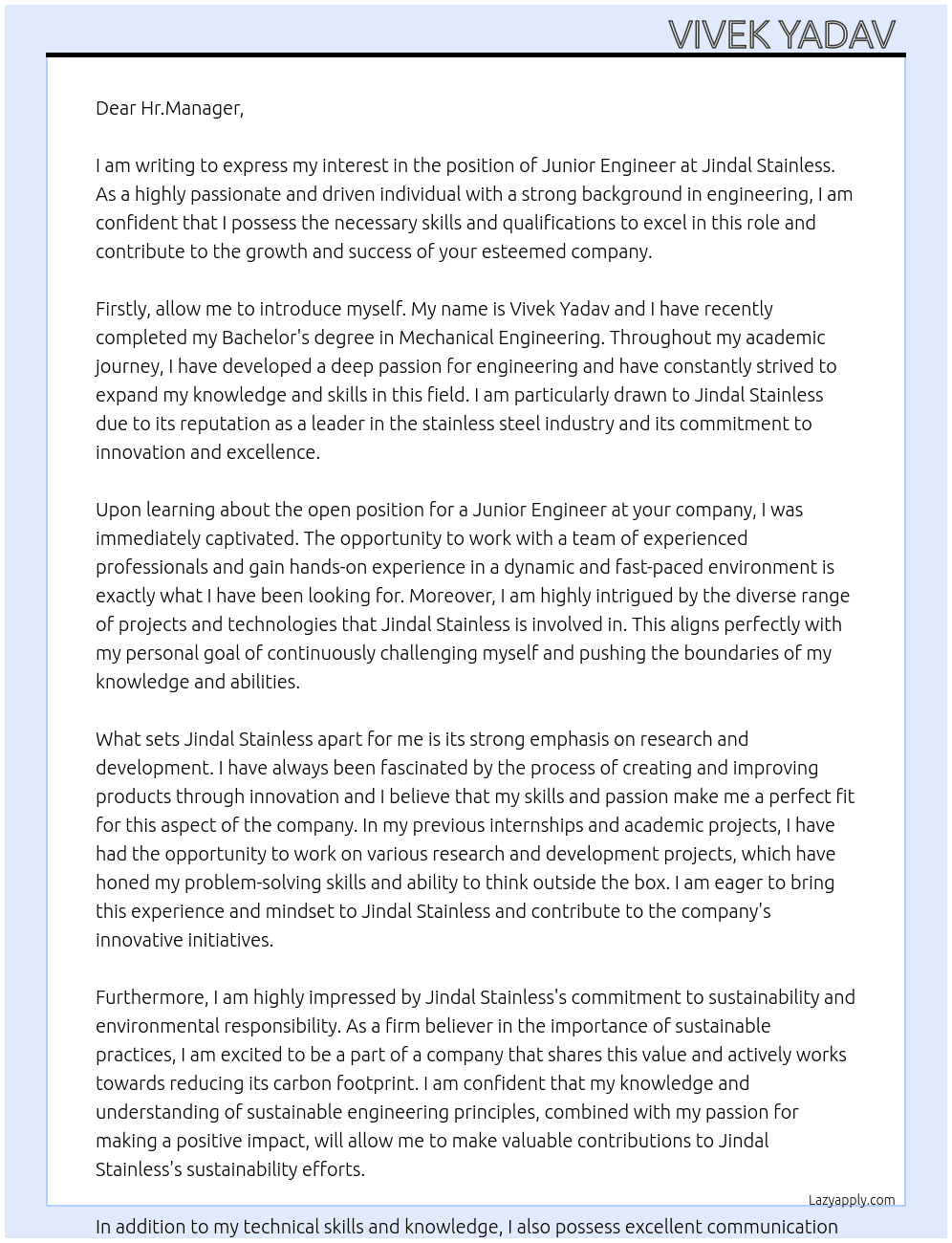 Junior engineer  At Jindal stainless  Cover Letter