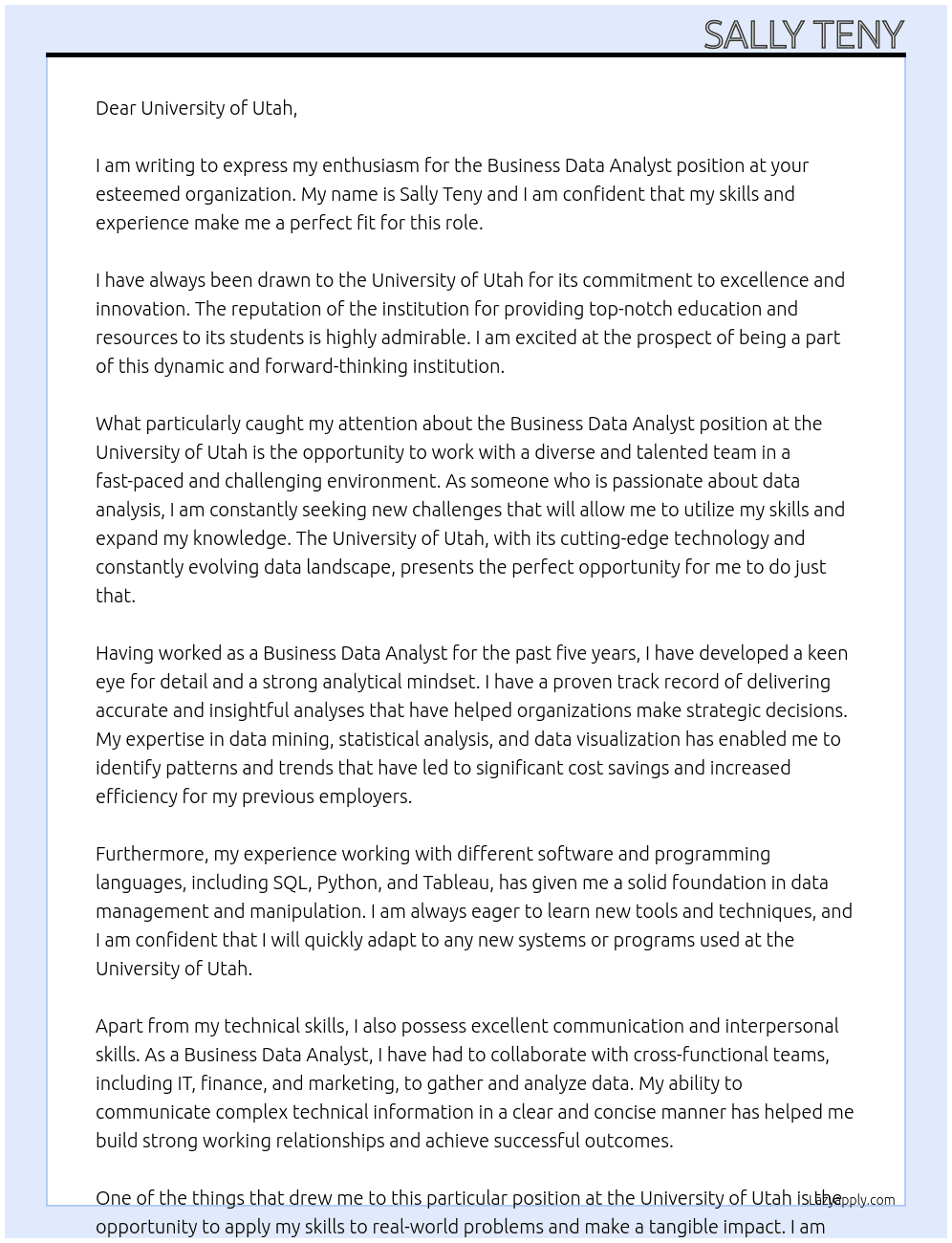 Business Data Analyst At University of Utah Cover Letter