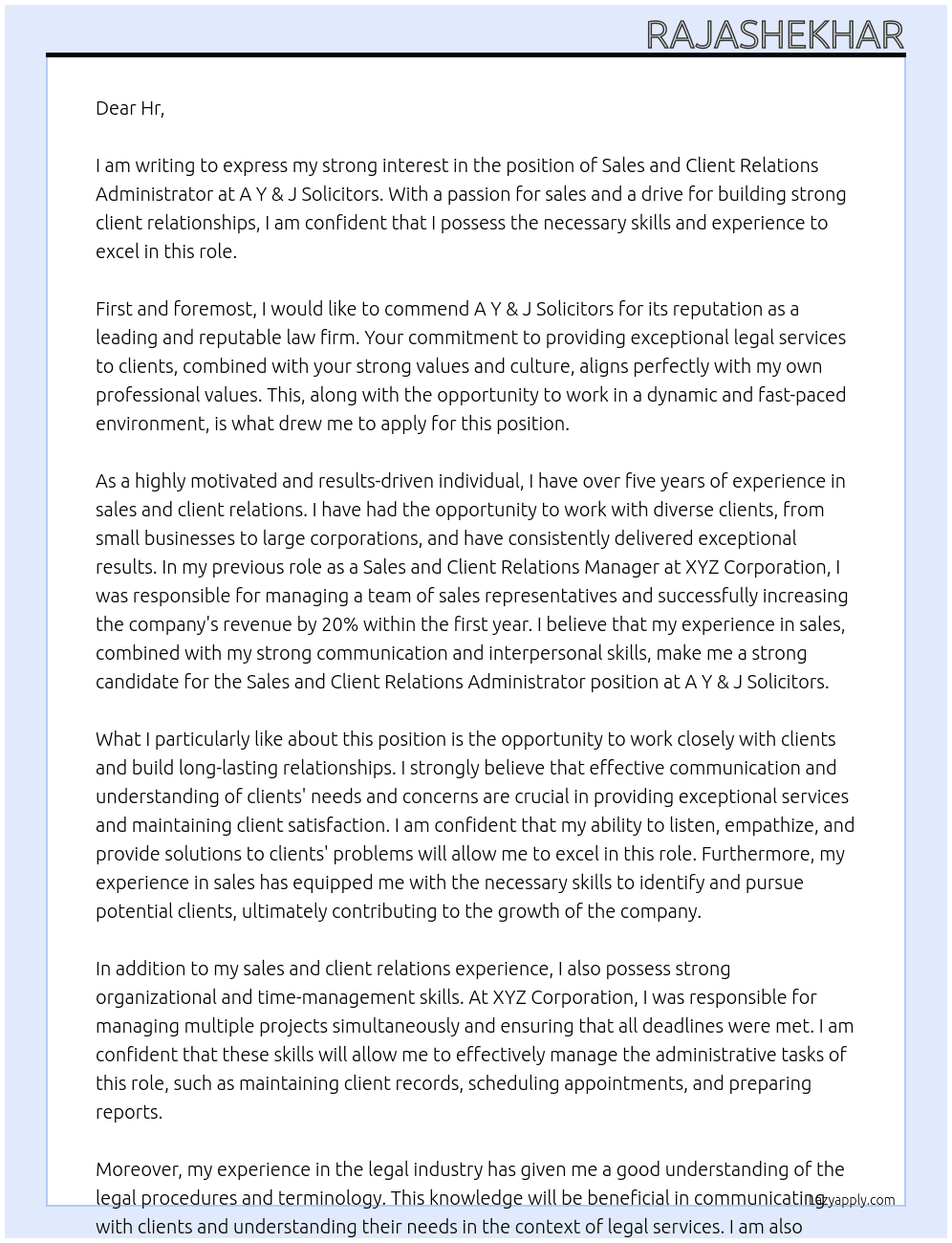 Sales and Client Relations Administrator At A Y & J Solicitors Cover Letter