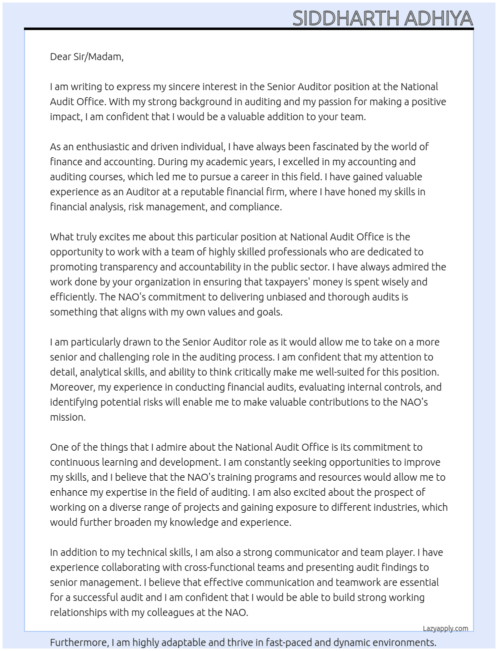 Senior Auditor At National Audit Office Cover Letter