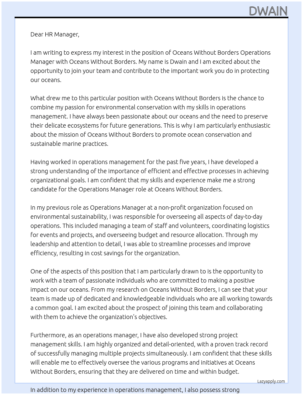   Oceans Without Borders Operations Manager At Oceans Without Borders  Cover Letter