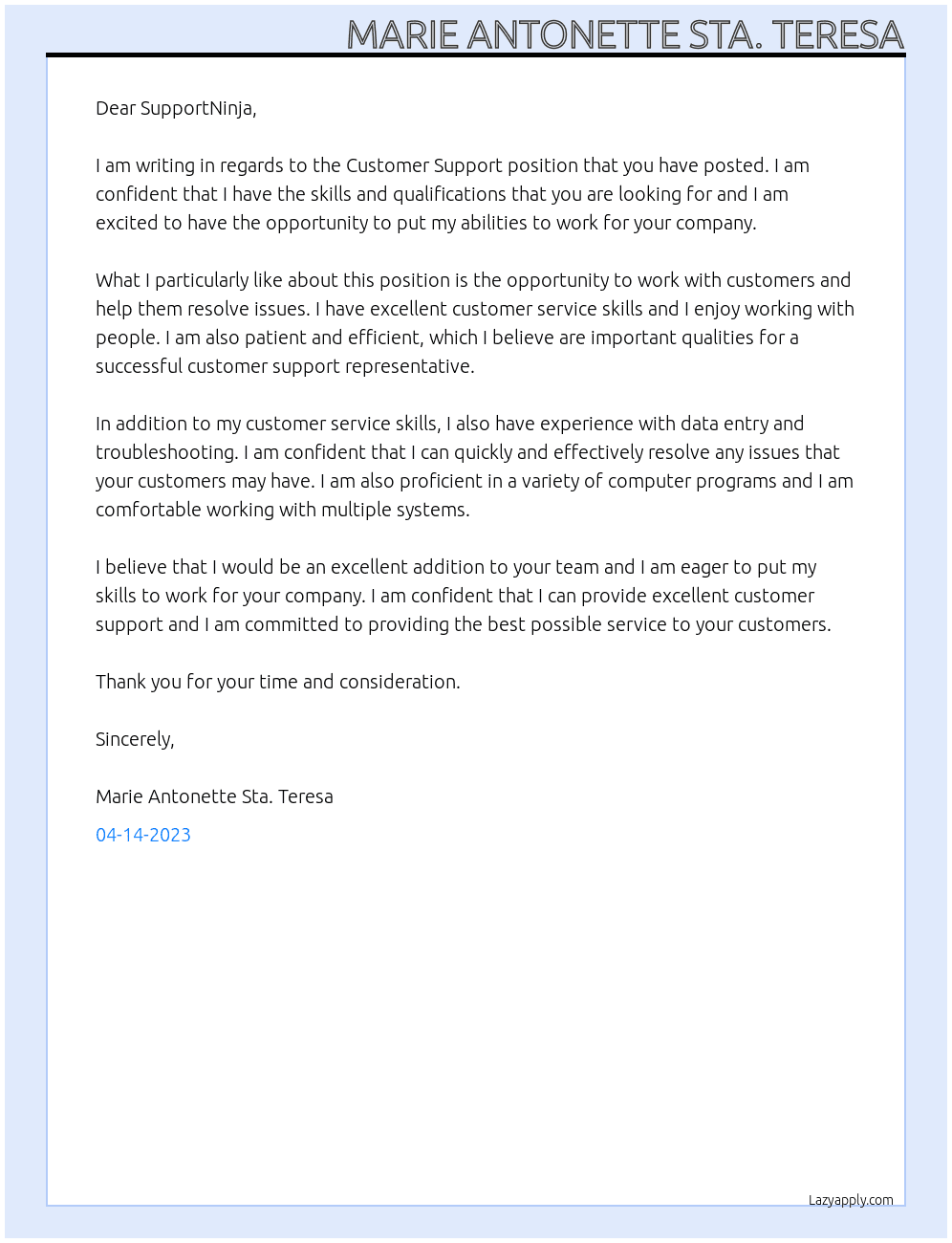 Customer Support At SupportNinja Cover Letter