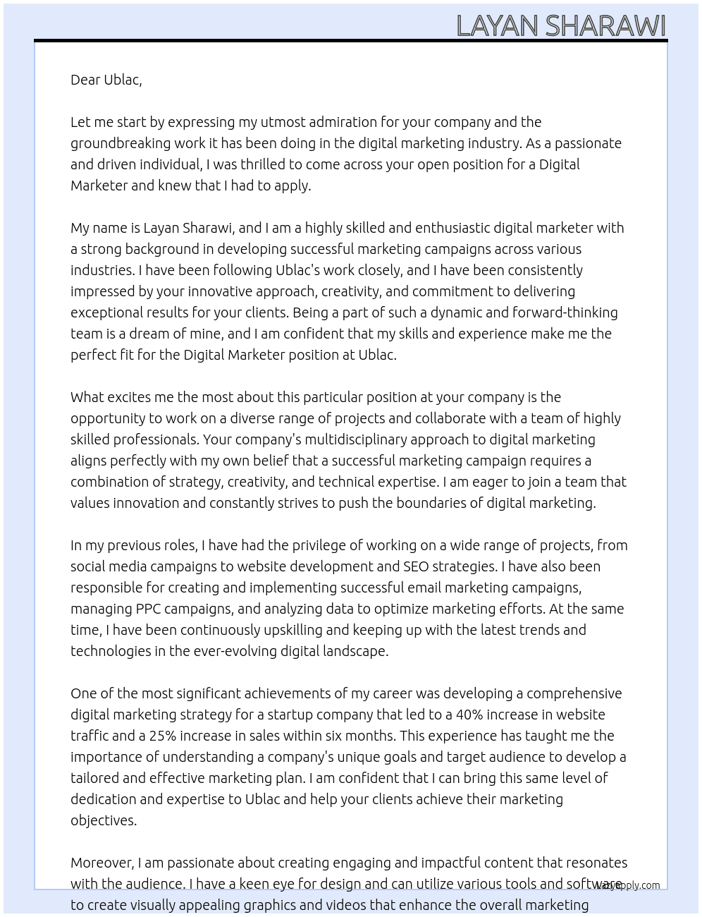 Digital marketer At Ublac Cover Letter