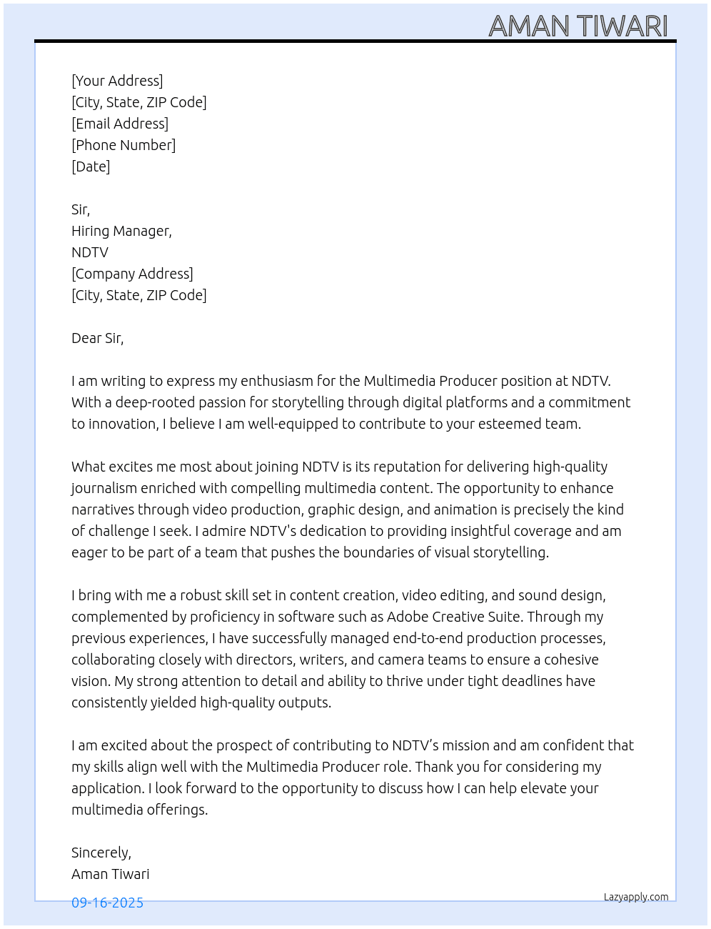 Multimedia Producer At NDTV  Cover Letter