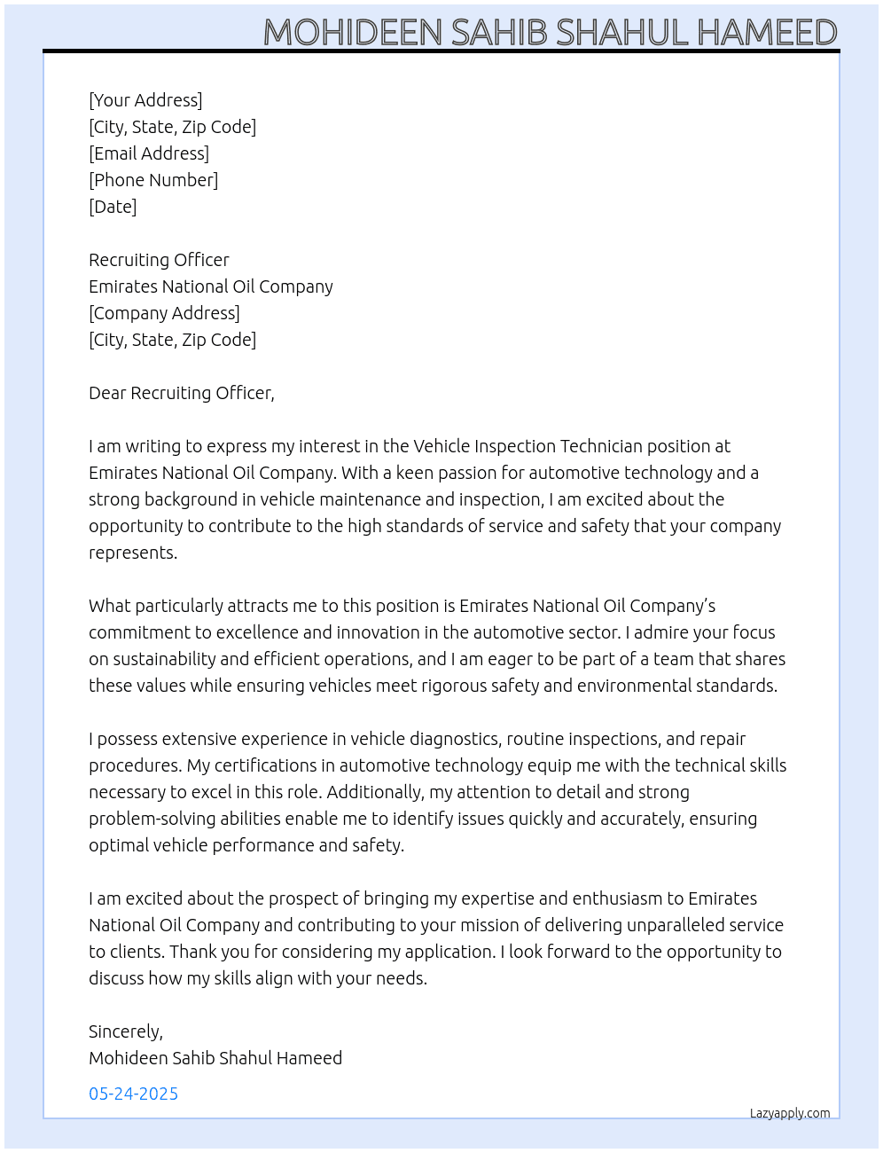 Vehicle inspection technician  At Emirates national oil company Cover Letter