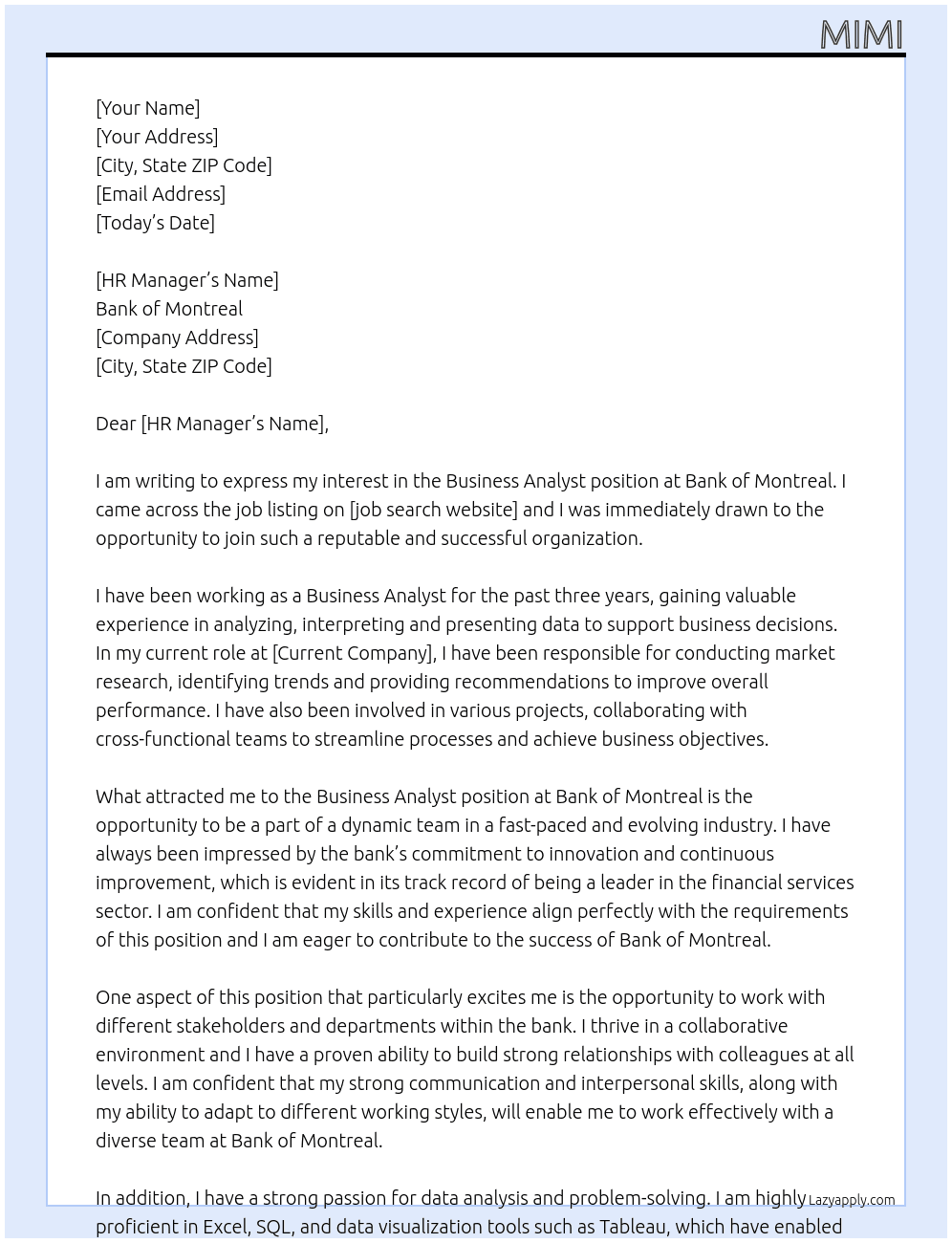 Business Analyst At Bank of Montreal Cover Letter