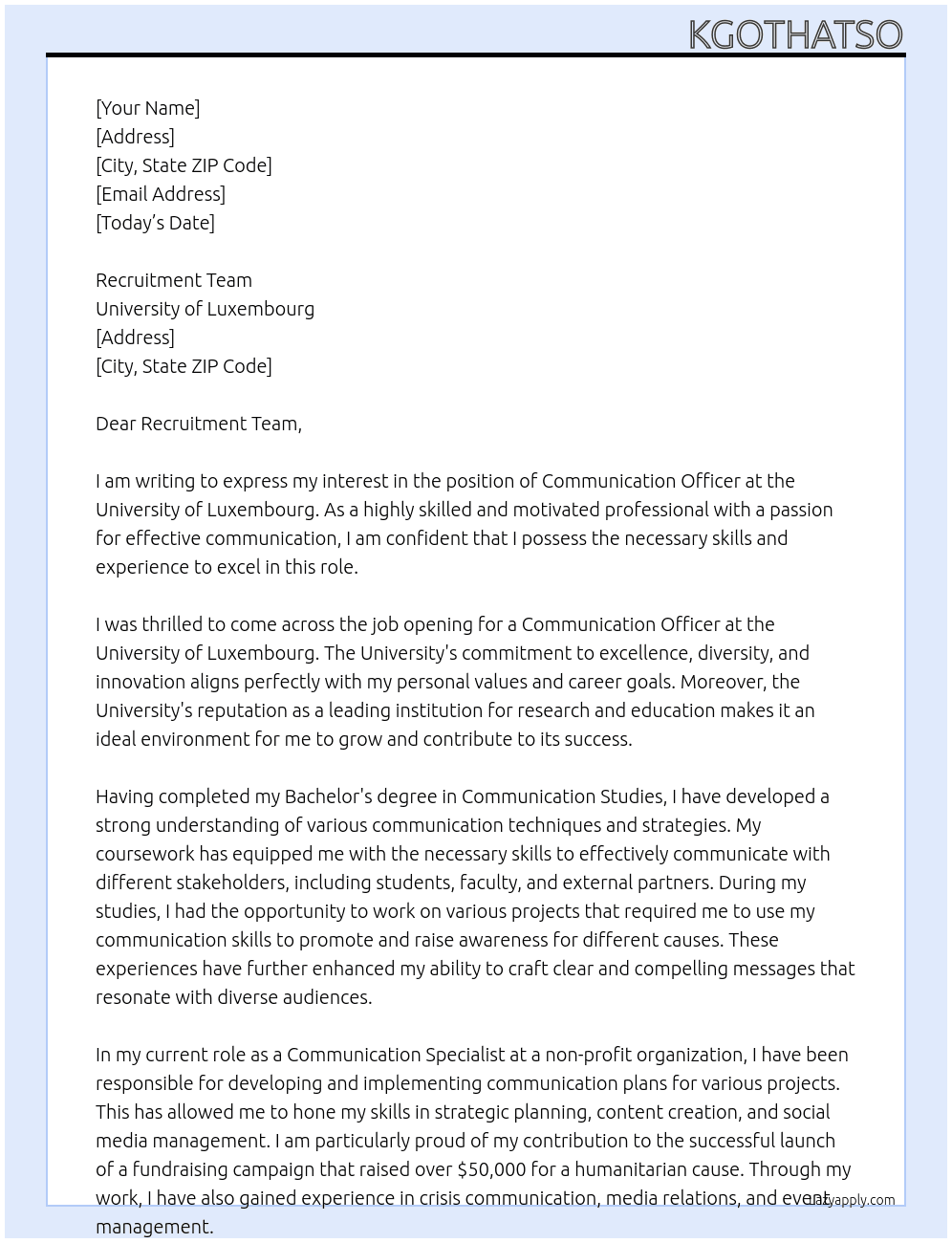 Communication Officer At University of Luxembourg Cover Letter