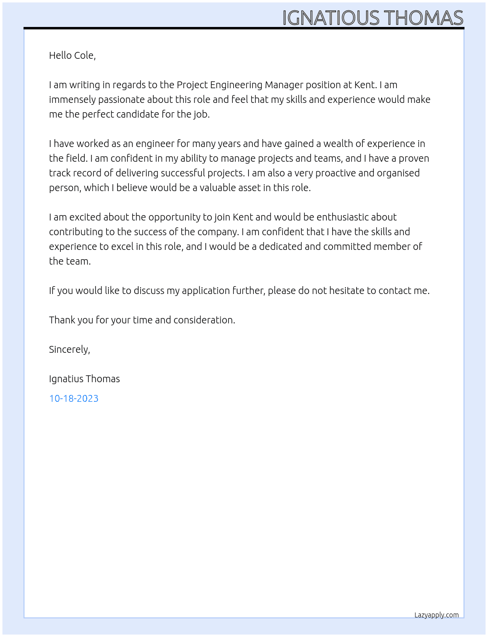 Project Engineering Manager At Kent Cover Letter
