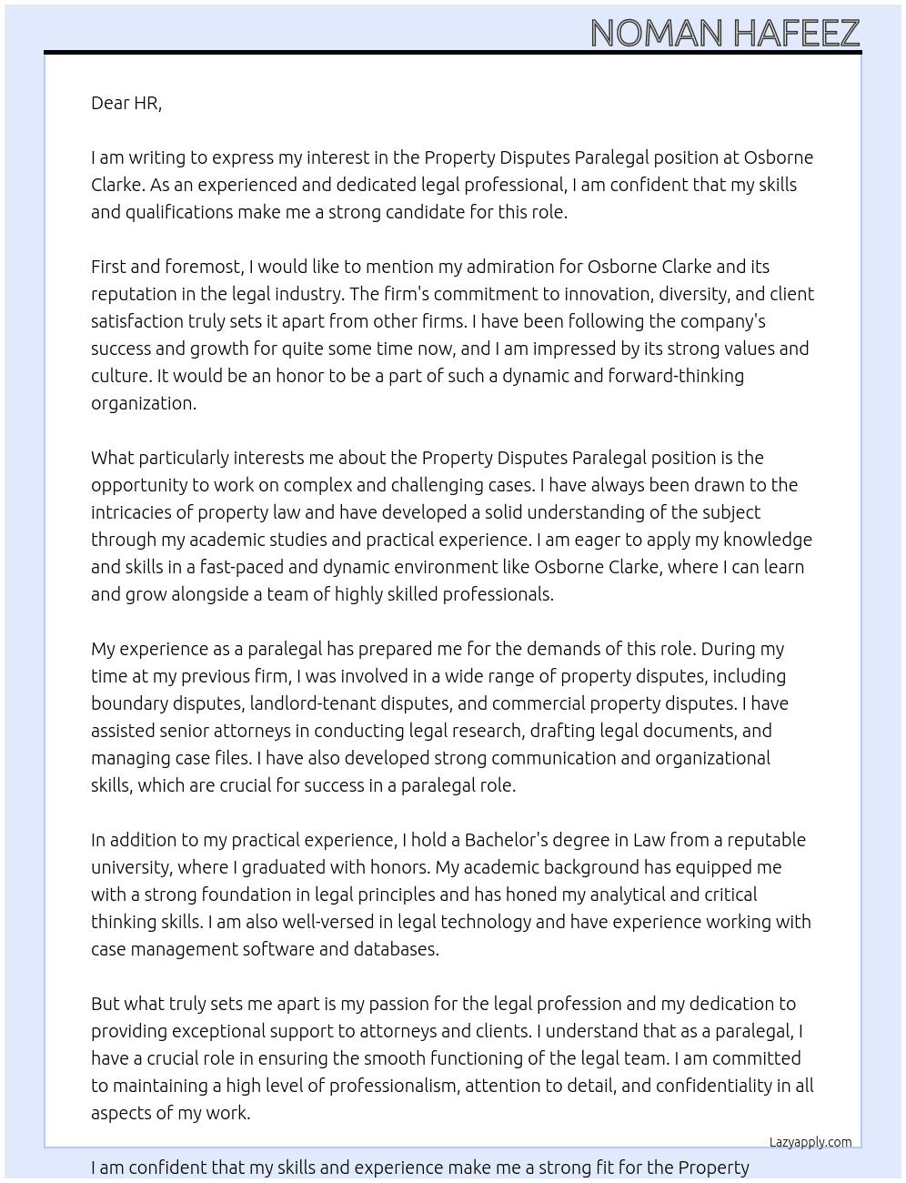 Property Disputes Paralegal At Osborne Clarke Cover Letter