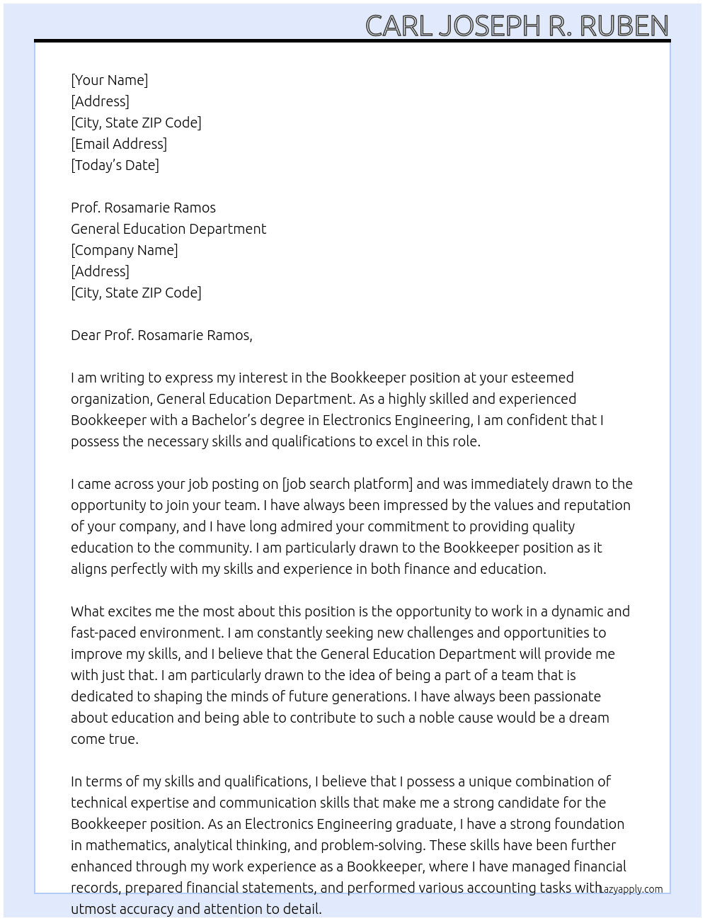 Bookkeeper  At General Education Department  Cover Letter