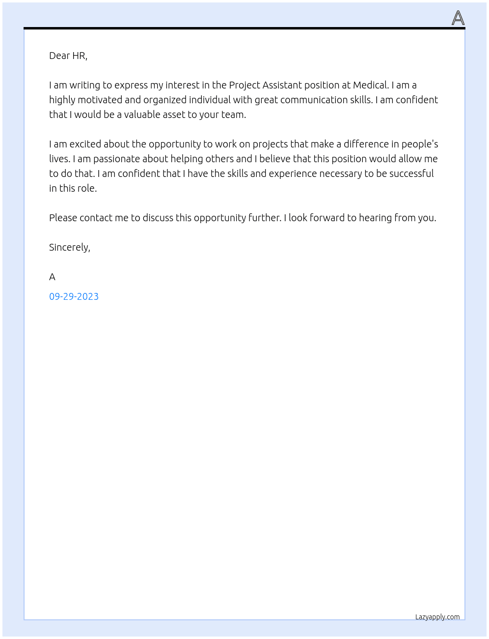 Project Assistant At Medical Cover Letter