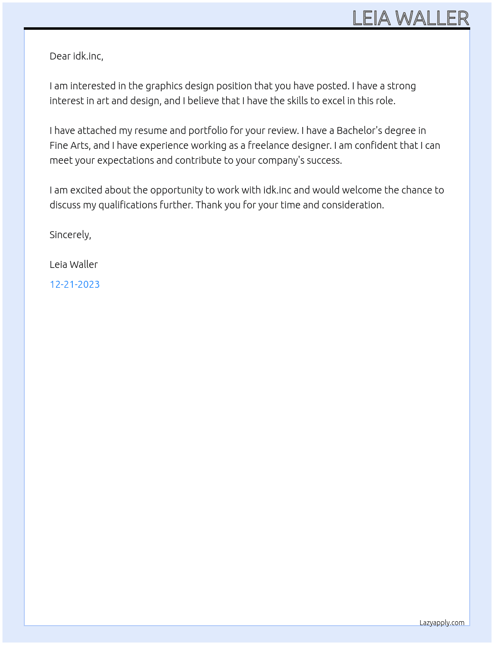 graphics design At idk.inc Cover Letter