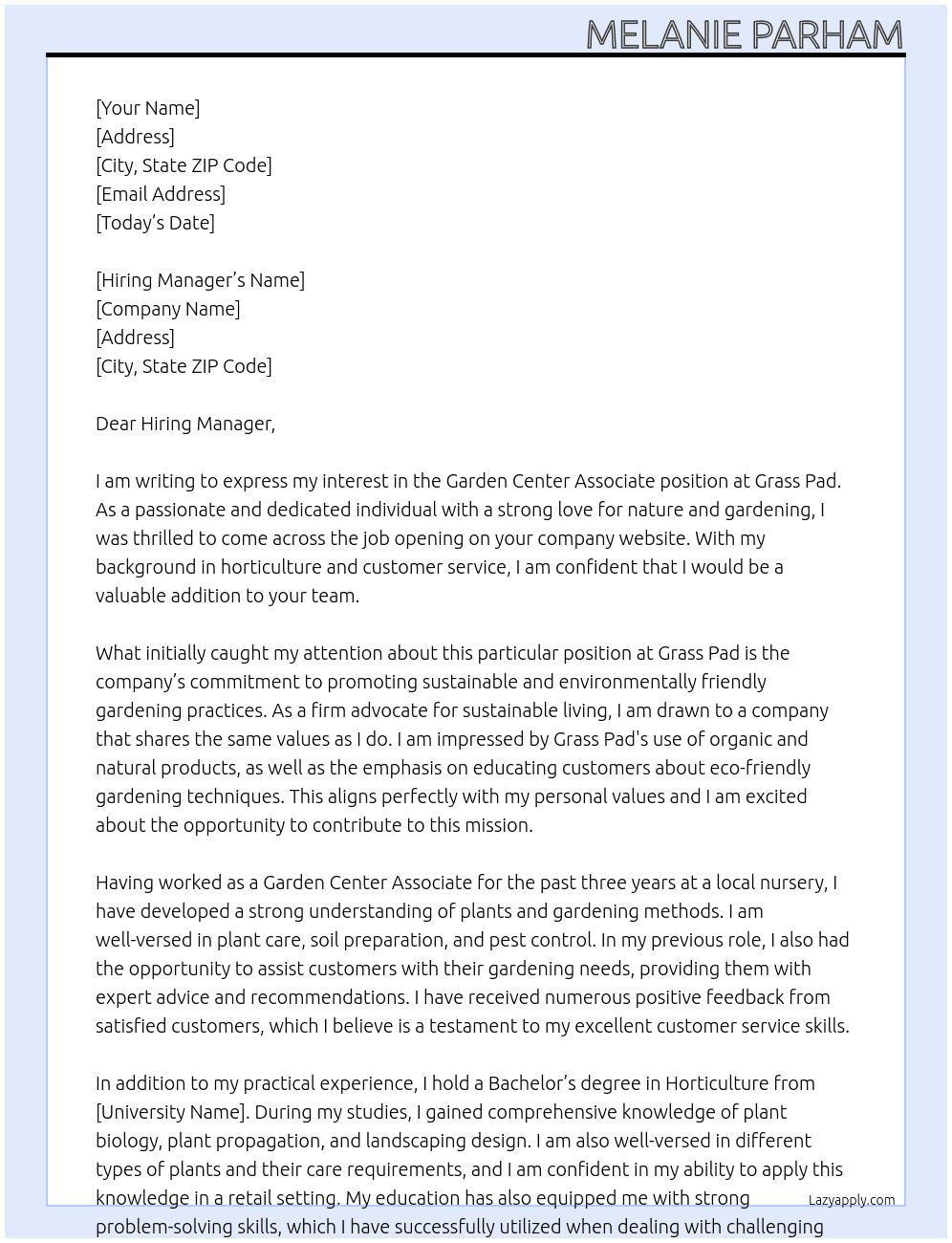 Garden Center Associate At Grass Pad Cover Letter