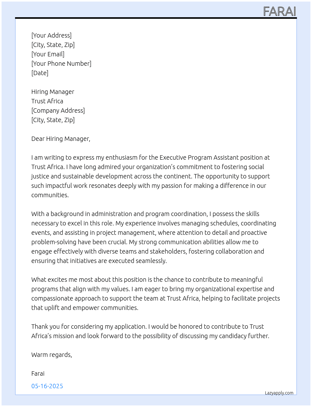 executive program assistant At Trust Africa Cover Letter