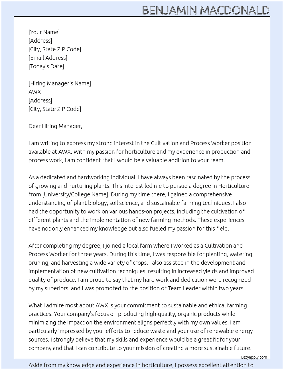Cultivation and Process Worker At AWX Cover Letter