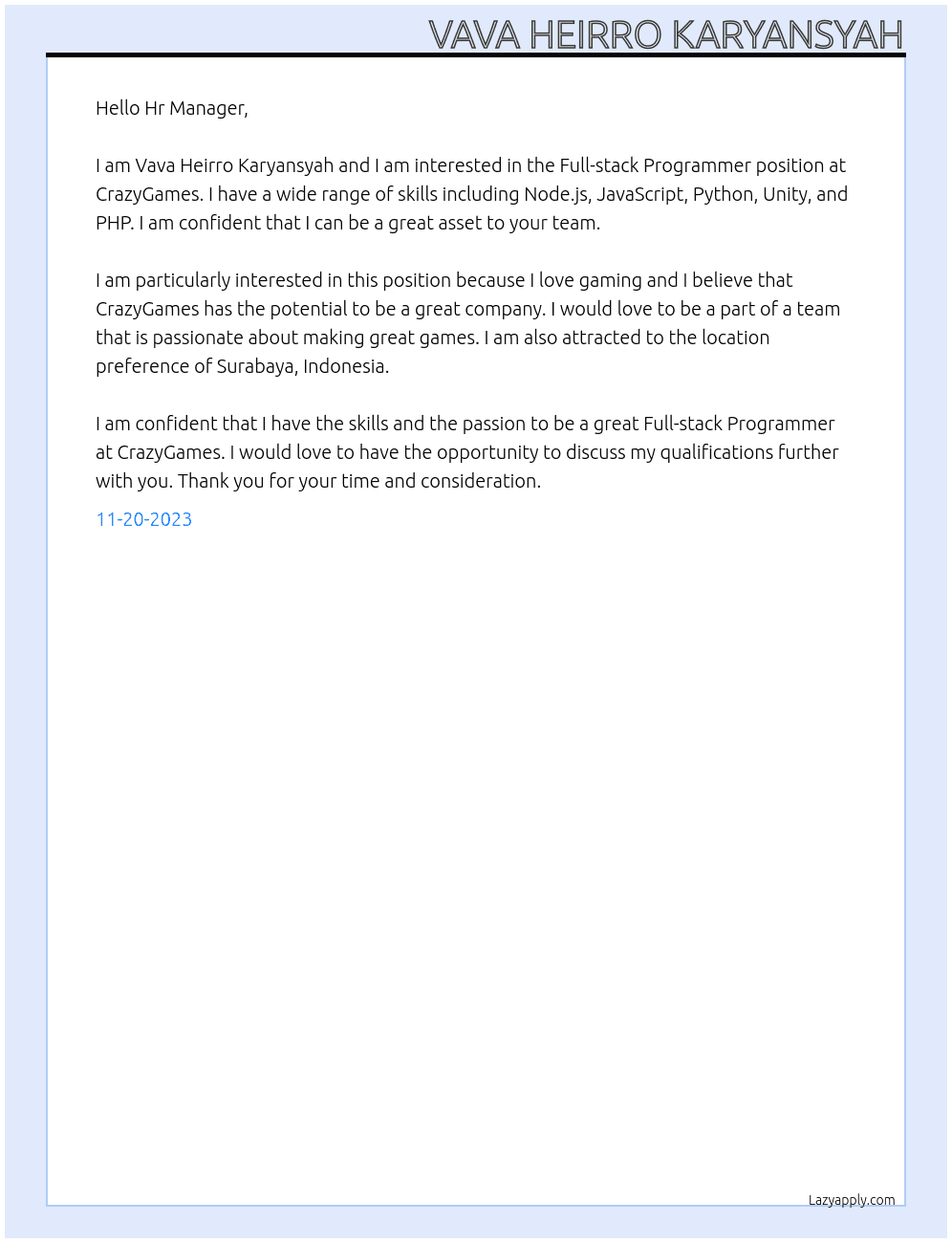 Full-stack Programmer At CrazyGames Cover Letter