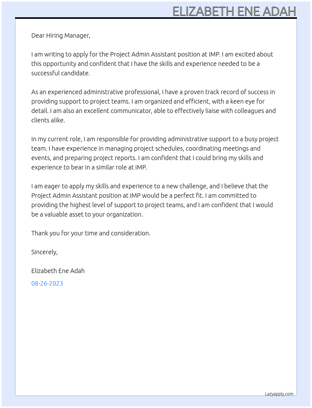 Project Admin Assistant  At IMP Cover Letter
