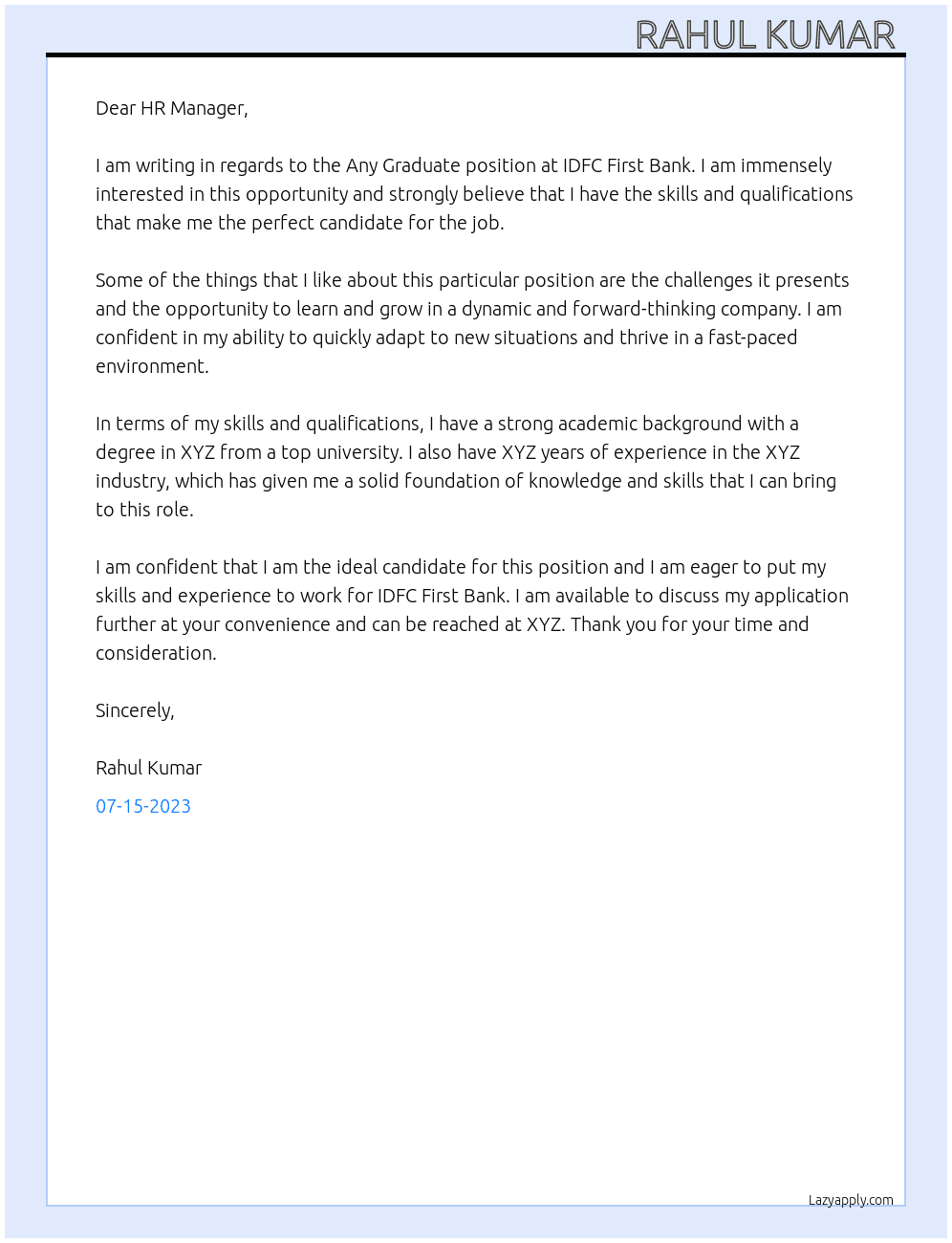 Any Graduate At IDFC First Bank Cover Letter
