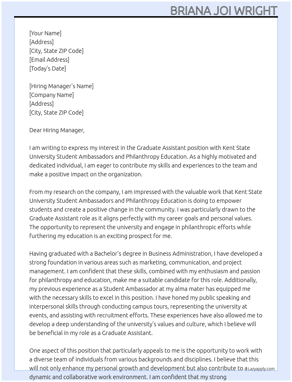 Graduate Assistant, Student Ambassadors and Philanthropy Education At Kent State University Student Ambassadors and Philanthropy Education Cover Letter