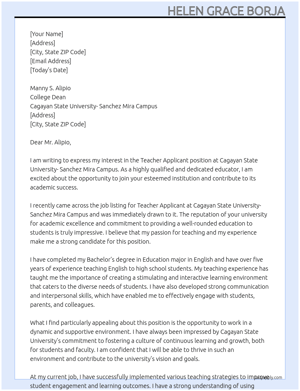 Teacher applicant At Cagayan State University- Sanchez Mira Campus Cover Letter