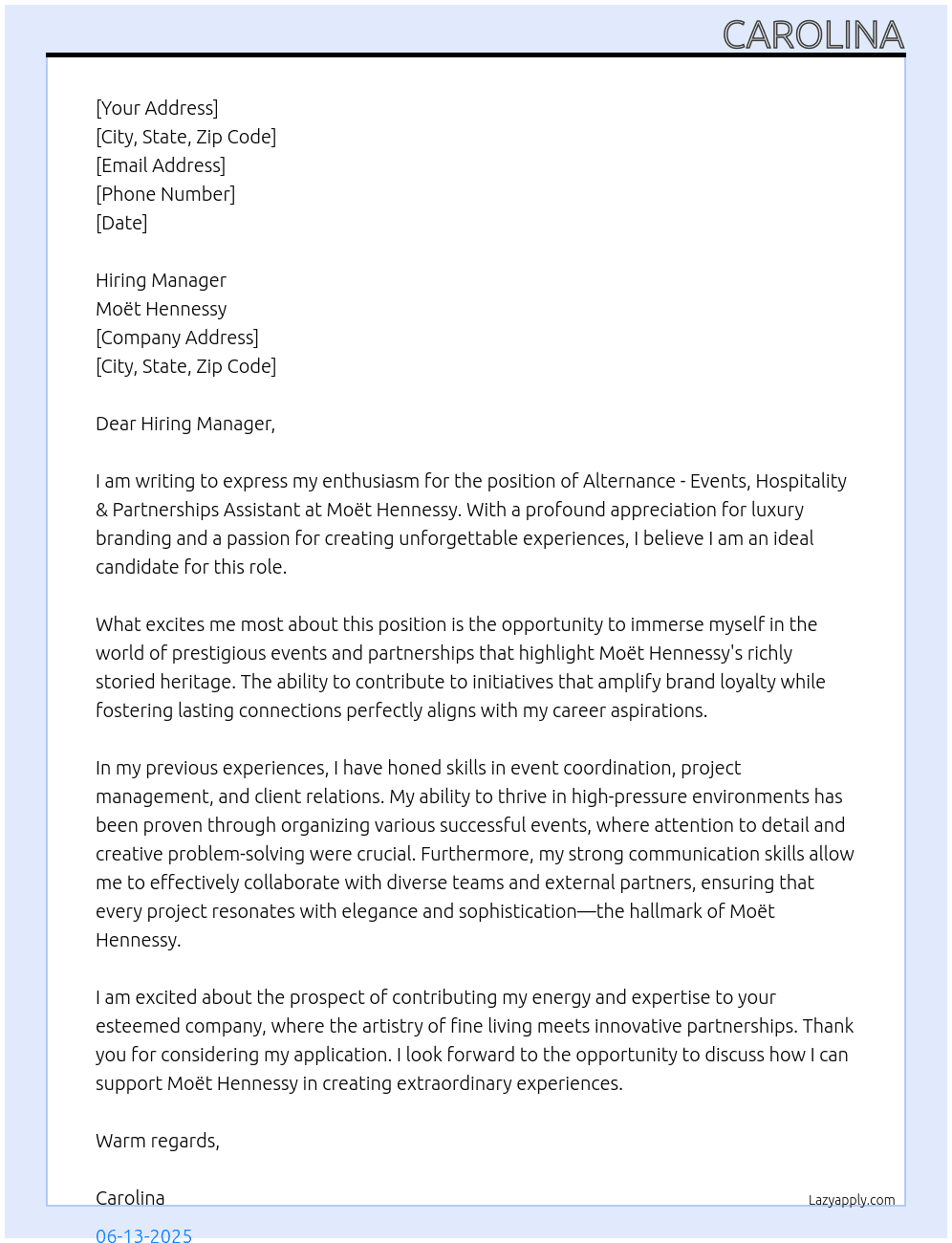 ALTERNANCE - EVENTS, HOSPITALITY & PARTNERSHIPS ASSISTANT At Moët Hennessy Cover Letter