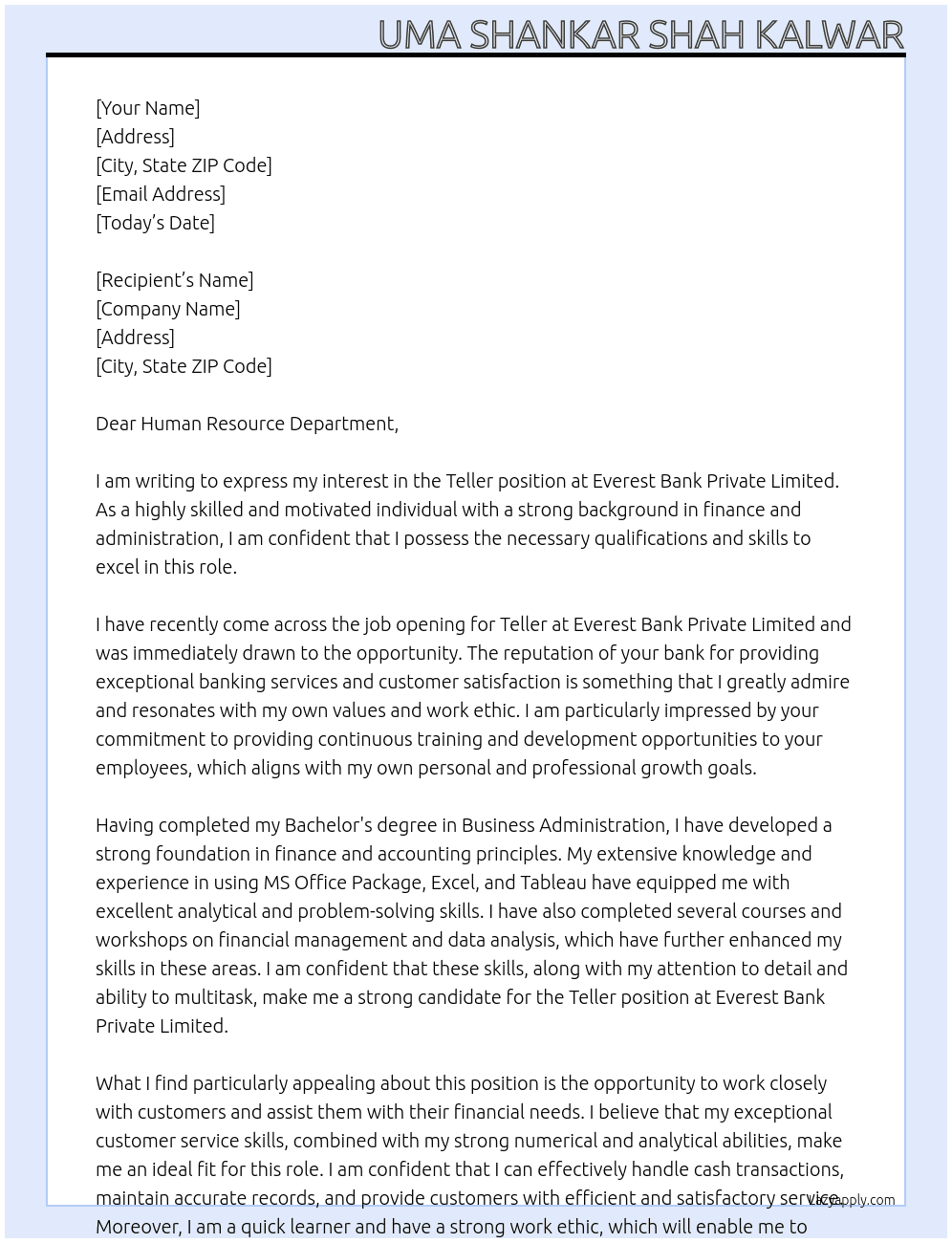 Teller At Everest Bank  Private Limited Cover Letter
