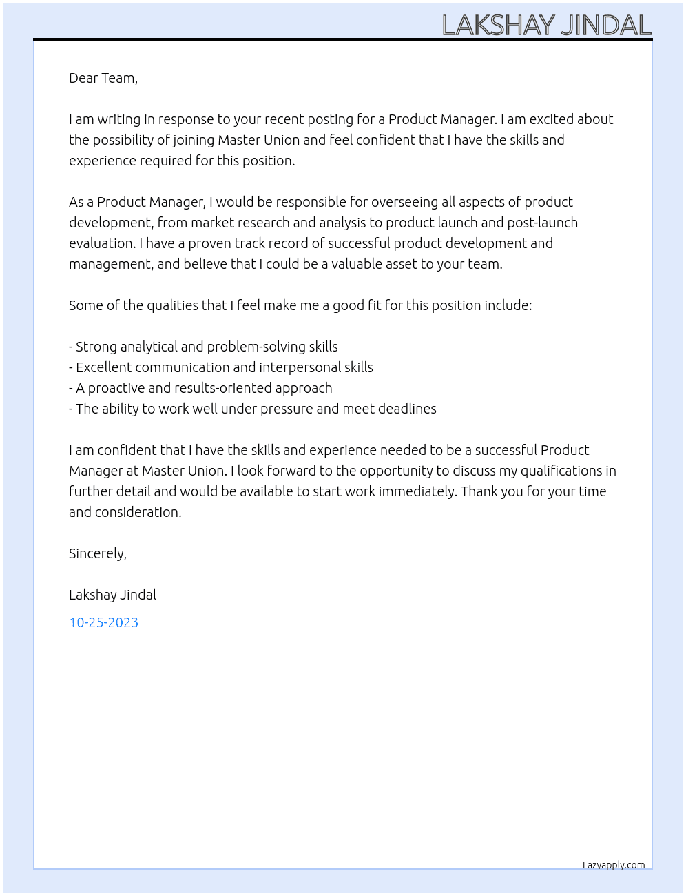Product Manager At Master Union Cover Letter