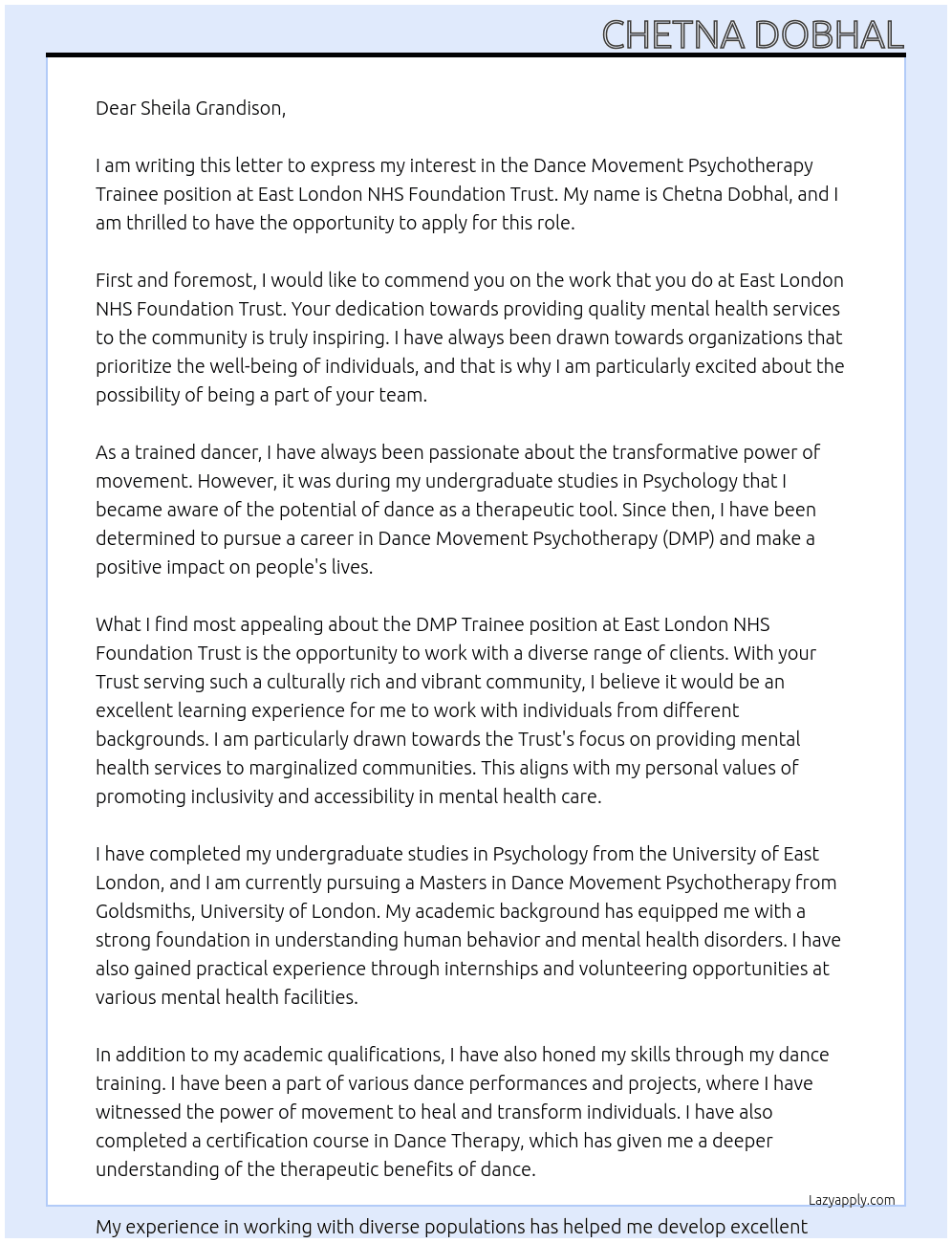 Dance Movement Psychotherapy Trainee At East London NHS Foundation Trust Cover Letter
