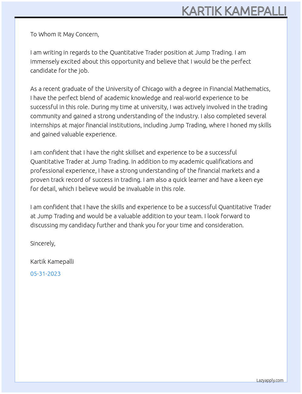Quantitative Trader At Jump Trading Cover Letter