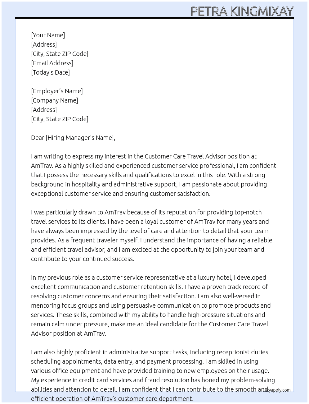 Customer Care Travel Advisor At AmTrav Cover Letter