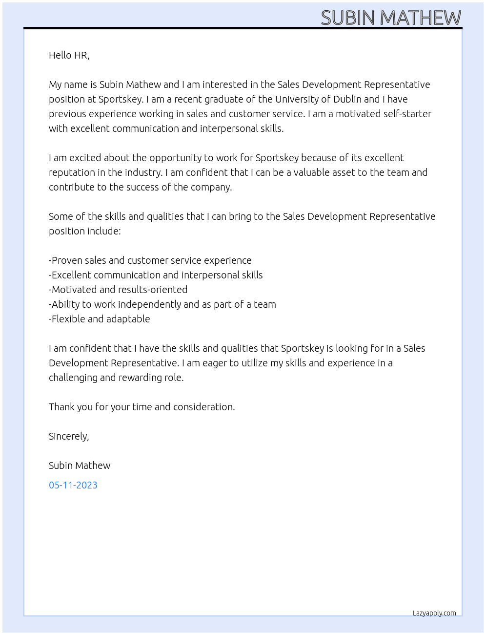 Sales Development Representative At Sportskey Cover Letter