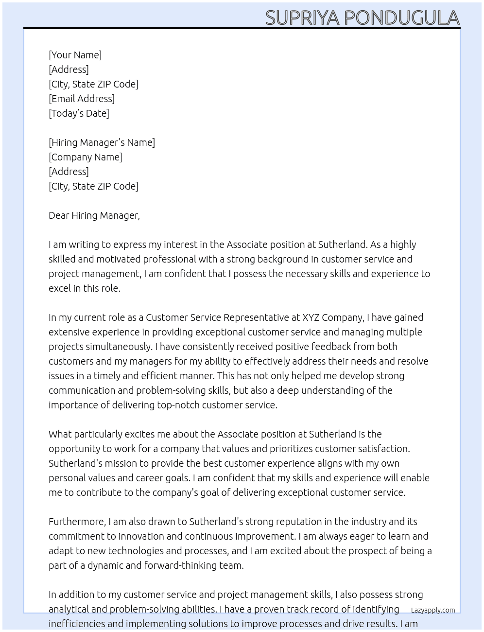 Associate At Sutherland Cover Letter