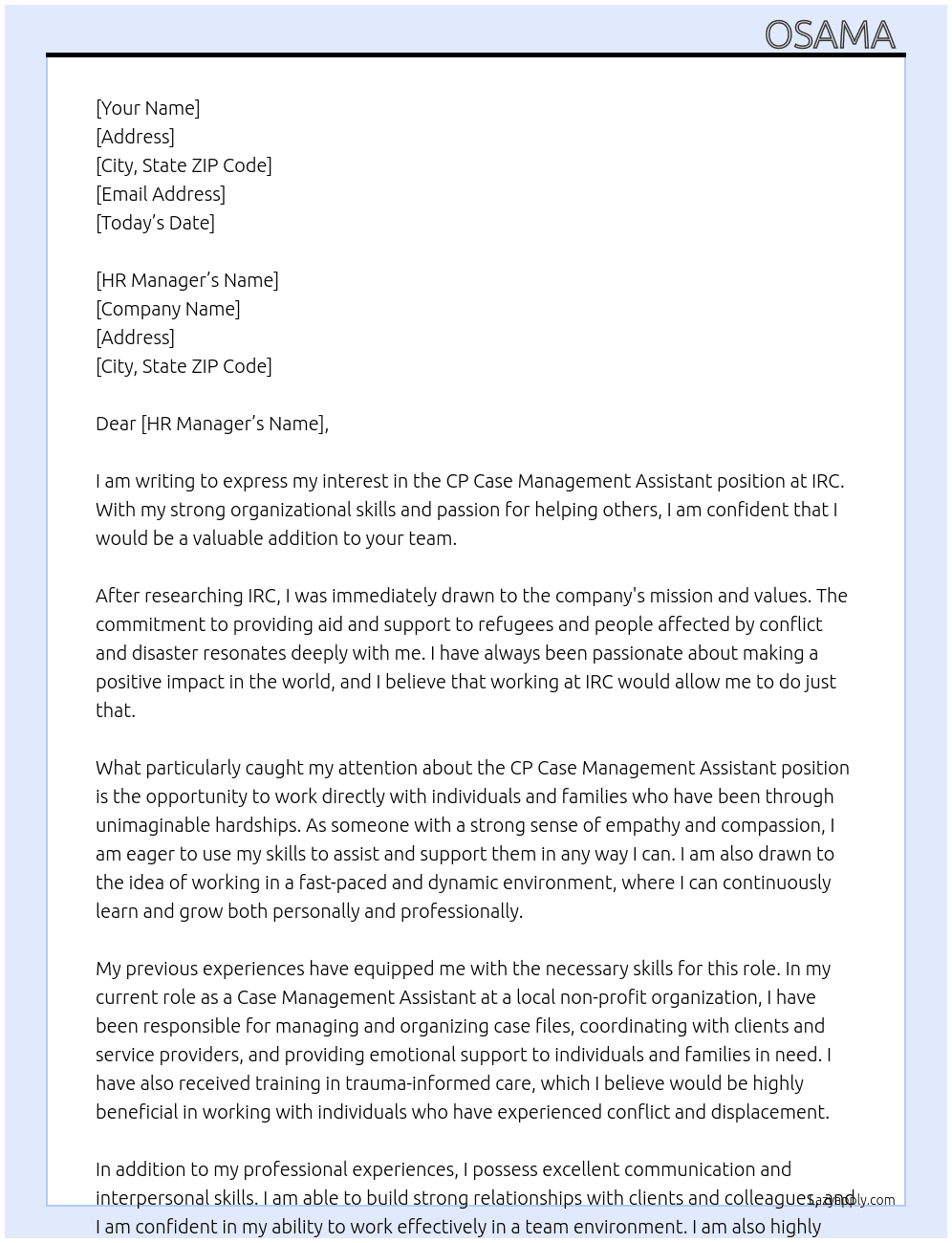 CP Case Management Assistant  At IRC Cover Letter