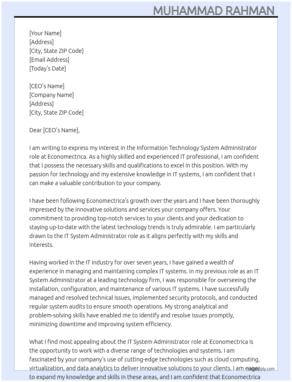 Information Technology System Administrator  At Economectrica Cover Letter