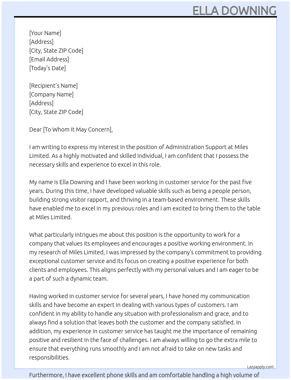 Administration support  At Miles limited Cover Letter