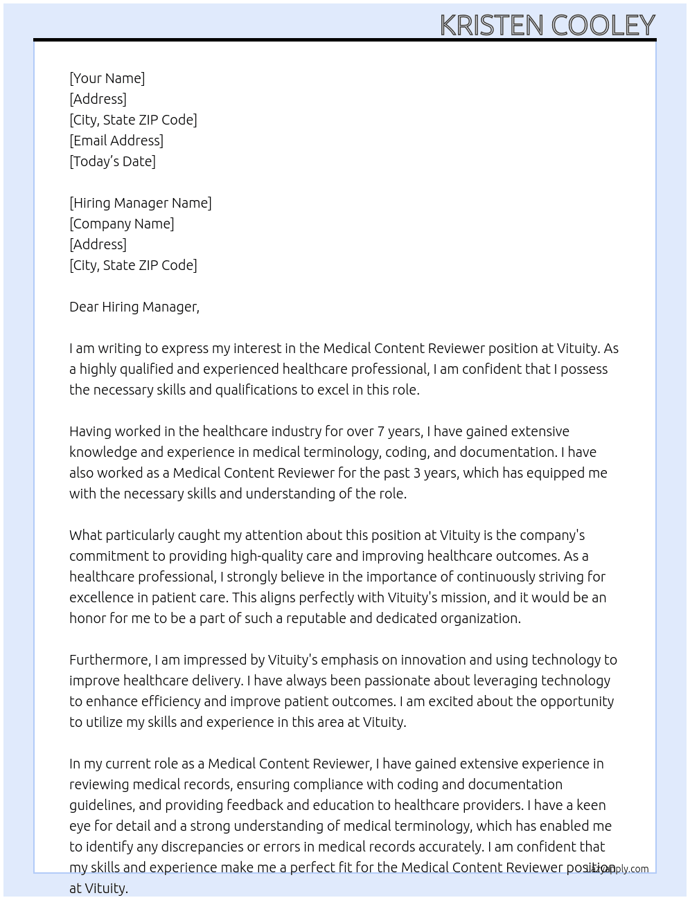 Medical Content Reviewer At Vituity Cover Letter