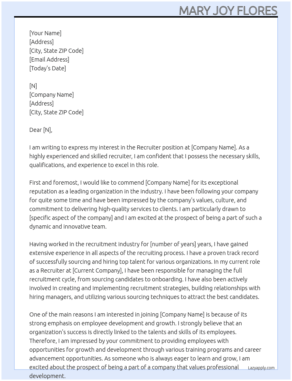 Recruiter At N Cover Letter