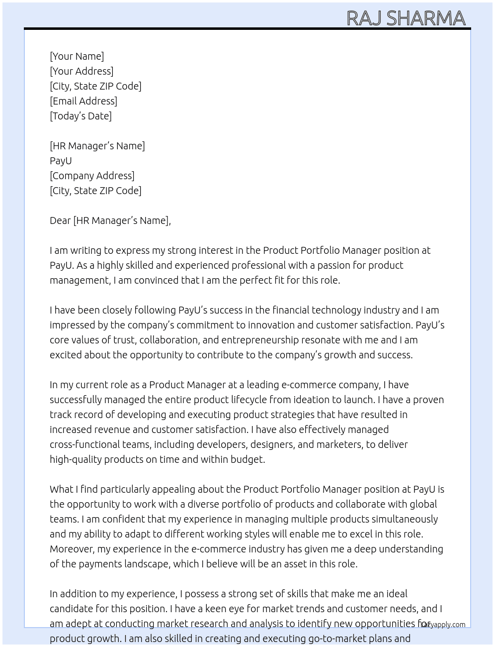 Product portfolio manager  At PayU Cover Letter